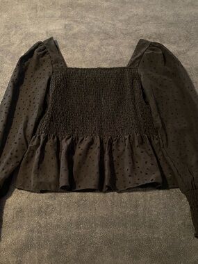 Nine West Black Smocked Peplum Blouse with Puff Sleeves